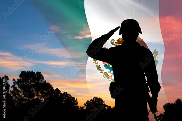 Fototapeta Silhouette of a soldier saluting against a vibrant sunset and the italian flag