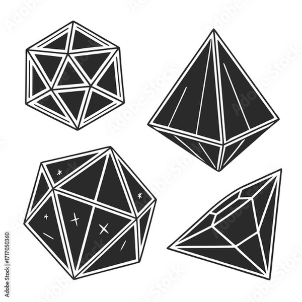 Fototapeta Four Geometric Crystal Shapes With Symbols In Black Silhouette