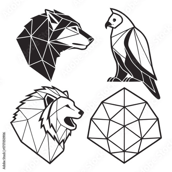 Fototapeta Geometric Animal Heads and Polygon Shape Keywords: wolf, owl, lion, geometric, polygonal, low