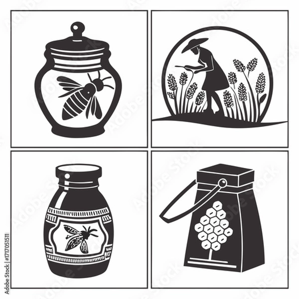 Fototapeta Honey and Farming Icons Bee Jar Farmer Wheat Keywords: honey, bee, beekeeping, apiary, jar