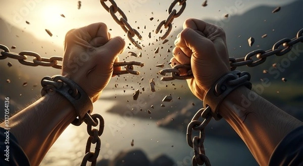 Fototapeta Hands Breaking Chains at Sunset in Dramatic Action Scene