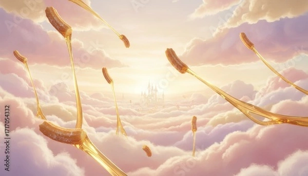 Obraz Dreamy landscape of golden streams flowing from fluffy clouds towards a whimsical castle under a soft pastel sky at dawn