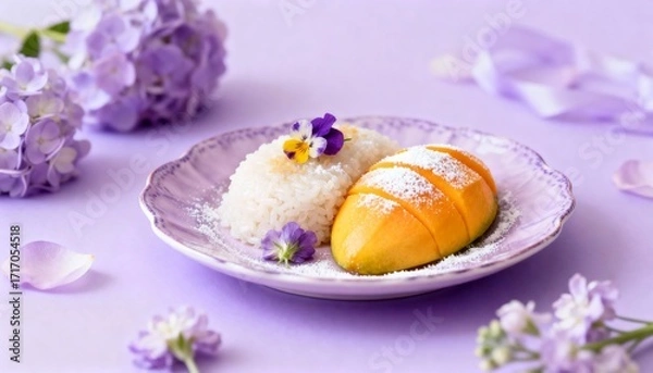 Obraz Delightful Presentation of Fresh Mango with Sticky Rice Topped with Coconut Flakes Surrounded by Purple Flowers on a Light Background