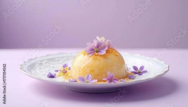 Obraz Elegant dessert featuring creamy mousse with delicate flower petals arranged artfully on a pristine plate against a soft pastel background