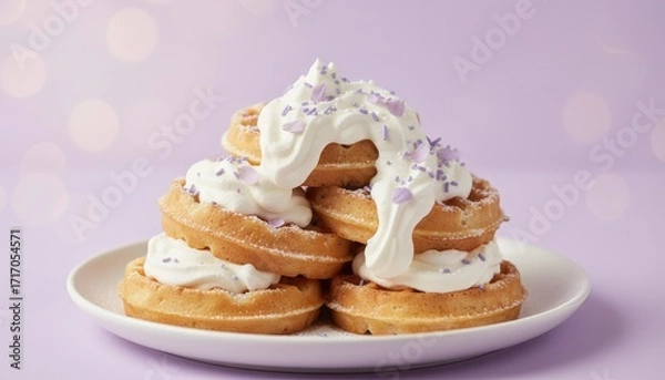 Obraz Delicious stacked waffles with whipped cream and lavender sprinkles on a white plate against a soft pastel background for dessert lovers