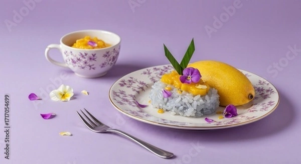 Obraz Delicious Thai Mango Sticky Rice Dessert with Fresh Mango, Coconut Cream, and Edible Flowers on a Plate with Lavender Background