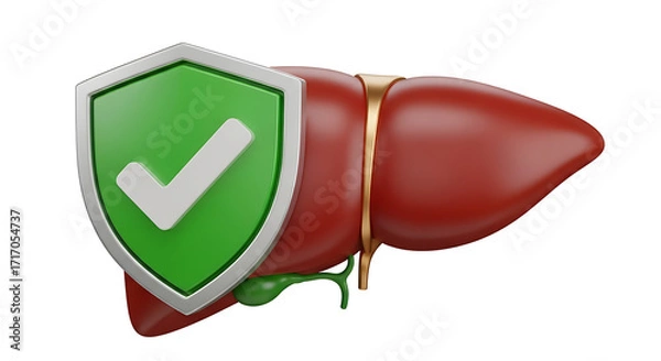 Fototapeta 3d illustration of a healthy human liver protected by a green shield with a white checkmark symbol