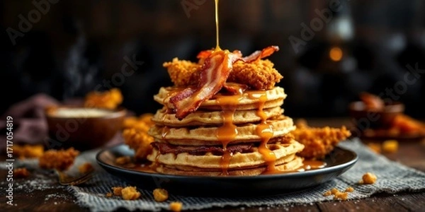 Obraz Delicious stack of fluffy pancakes topped with crispy bacon, fried chicken, and drizzled with golden syrup on a rustic wooden table