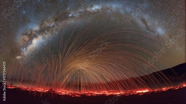 Fototapeta Time-lapse of the Milky Way with star trails and glowing horizon over a mountainous landscape