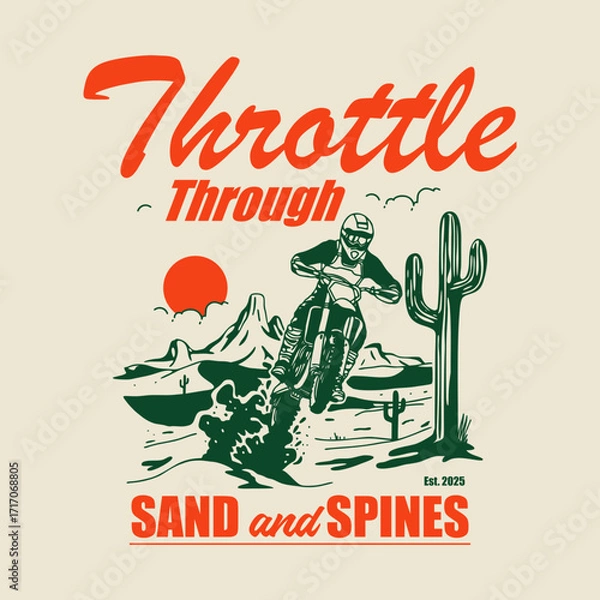 Fototapeta Hand-drawn motocross rider racing through a desert with sand dunes and cacti. Simple vintage sketch style showing off-road adventure and freedom