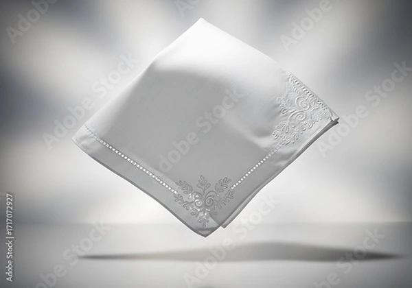Fototapeta Neatly Folded White Handkerchief Mockup with Intricate Embroidery, Floating with Atmospheric Light