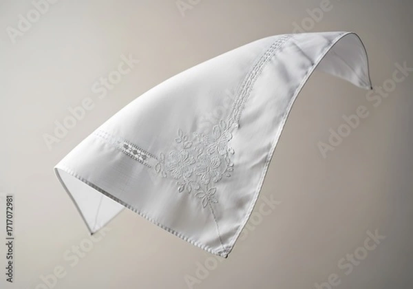 Fototapeta Floating White Handkerchief Mockup with Delicate Embroidery on Light Grey Background, Elegant Fabric Template