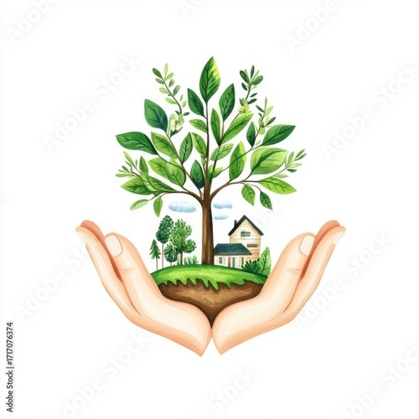 Fototapeta Hands Cradling a Green Tree and House Representing Environmental Care