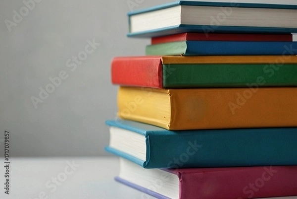 Fototapeta A neat stack of colorful hardcover books arranged vertically on a white surface, symbolizing education and knowledge.