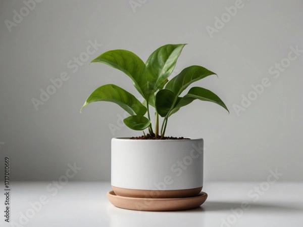 Fototapeta A small leafy plant in a minimalist pot, placed on a white background, representing eco-friendly and interior design concepts.