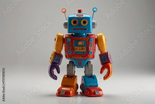Fototapeta A colorful plastic toy robot standing upright on a white background, perfect for children’s products and playful concepts.