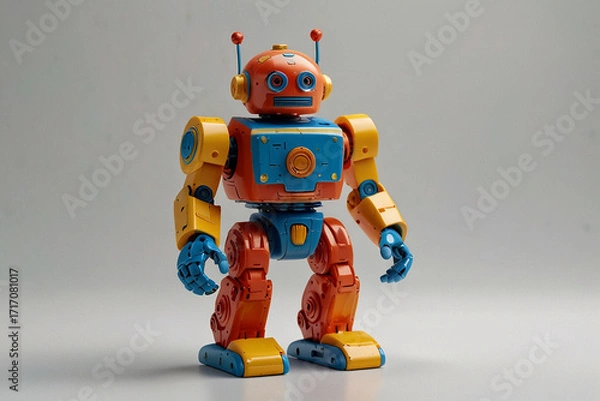 Fototapeta A colorful plastic toy robot standing upright on a white background, perfect for children’s products and playful concepts.