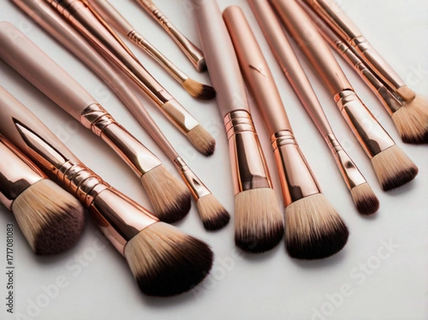 Fototapeta A collection of makeup brushes with rose gold handles arranged neatly on white, ideal for beauty and cosmetics themes.