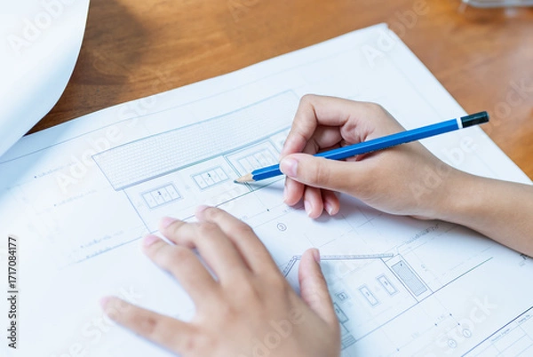Fototapeta Sketching architectural designs young artist's creative process at home blueprint focus engaging environment