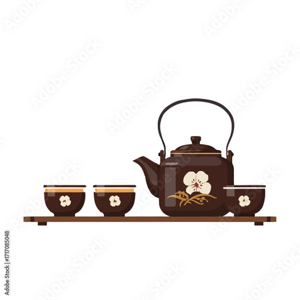 Fototapeta Brown ceramic teapot with floral pattern and three matching cups on wooden shelf