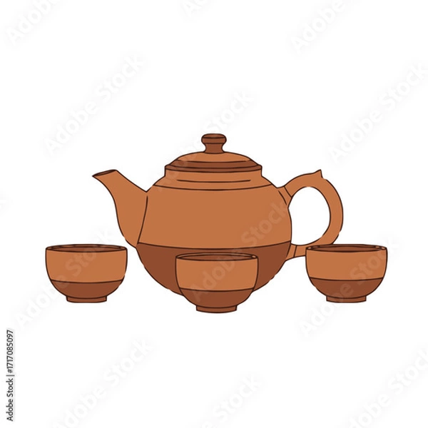 Fototapeta Simple terracotta teapot with lid and three matching cups