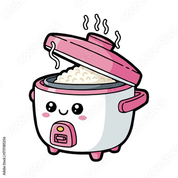 Fototapeta Cute cartoon rice cooker with happy face, steam rising from the open lid, filled with fluffy rice