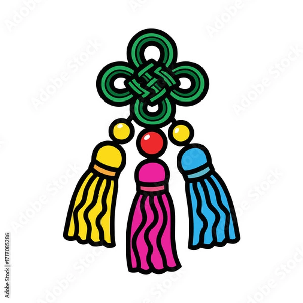 Fototapeta Decorative korean knot charm, called maedeup, featuring central knot with four loops and three colorful tassels in yellow, pink, and blue, hanging with beads
