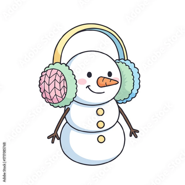 Fototapeta Smiling cartoon snowman with earmuffs and twig arms