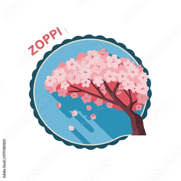 Fototapeta Vibrant cherry blossom tree in full bloom, with pink petals falling, set against blue circular with scalloped edge, symbolizing spring and renewal