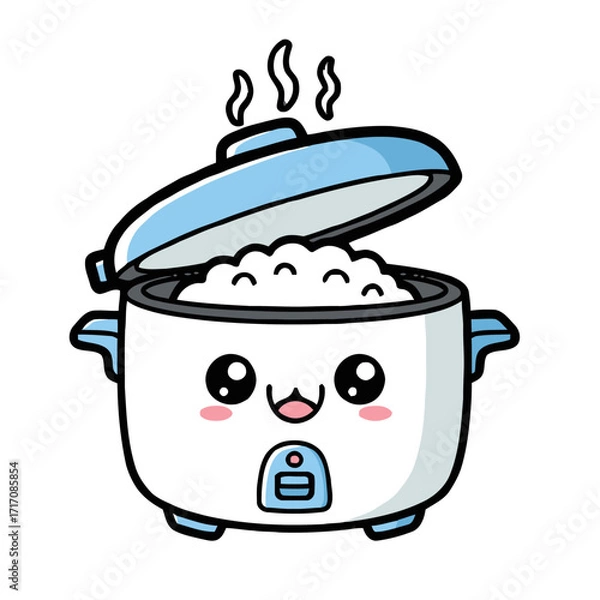 Fototapeta Cute cartoon rice cooker with an open lid, filled with rice and steam