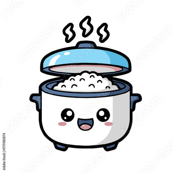 Fototapeta Cute cartoon rice cooker with an open lid, filled with rice and steam