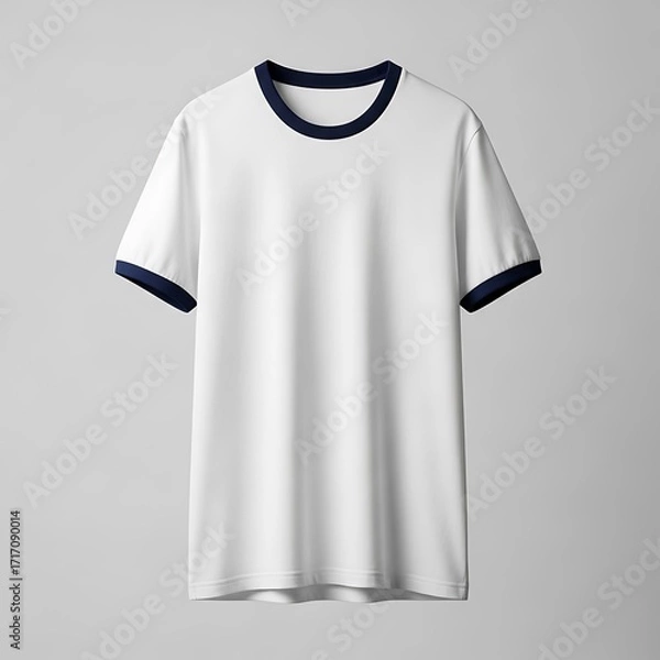 Fototapeta Blank White Ringer T-Shirt Mockup with Navy Trim, Customizable Casual Apparel for Branding