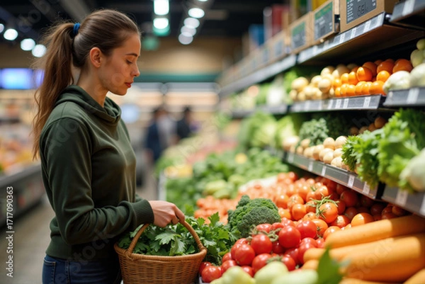 Fototapeta A woman with long hair is choosing fresh produce in a grocery store, holding a basket while focused on the selection of vegetables and fruits. Generative AI.