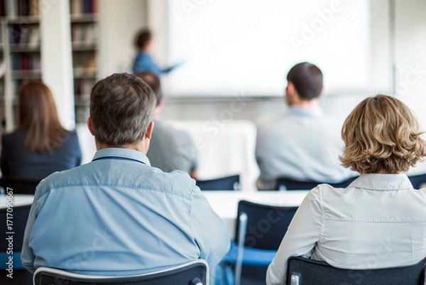 Fototapeta Conference training audience with presenter in classroom setting, professional business workshop, rear view of participants. Generative AI