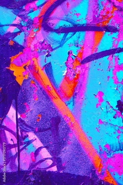 Fototapeta Vibrant neon abstract texture in shades of blue, purple, orange with a retro 80s, Y2K flair, showcasing holographic glow and dynamic splatter style. Ideal for digital art, posters, creative banners.