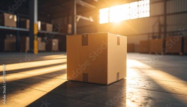 Fototapeta Shipping box sitting in sunlit warehouse ready for distribution and delivery services