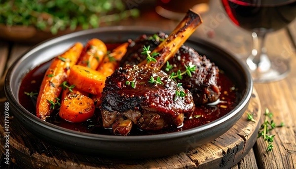 Fototapeta Delicious braised lamb shanks  with tender carrots, ideal for food blogs, recipe websites, and menus.