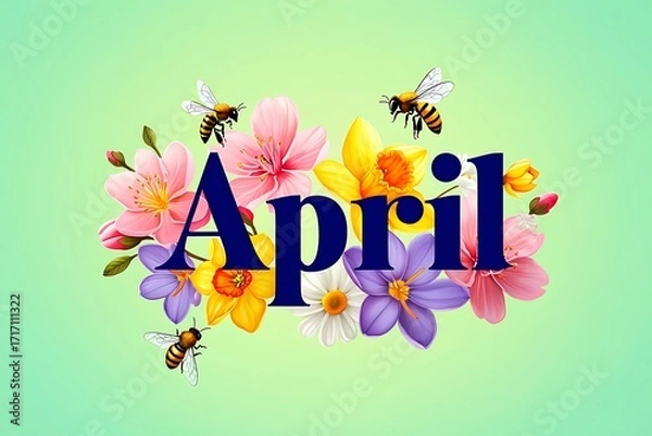 Fototapeta April word surrounded by vibrant spring flowers and busy bees
