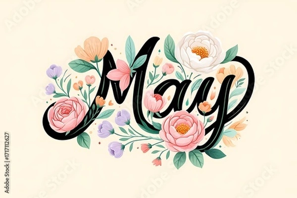 Fototapeta Beautiful floral calligraphy of the word may with blooming flowers