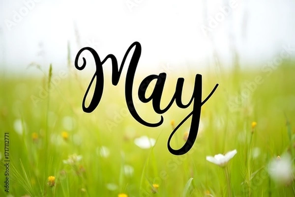 Fototapeta Beautiful may handwritten text over a soft focus green meadow with wildflowers