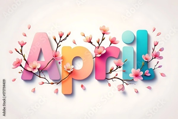 Fototapeta Colorful april text decorated with blooming cherry blossoms and petals