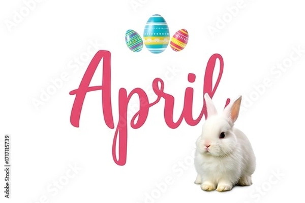 Fototapeta Happy april with easter bunny and painted eggs on white background
