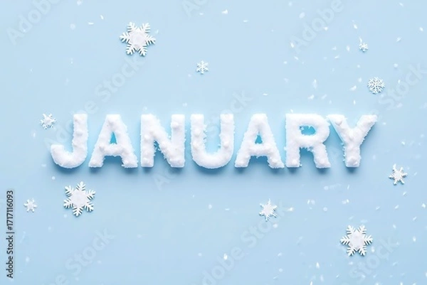Fototapeta January text with snowflakes on a light blue background