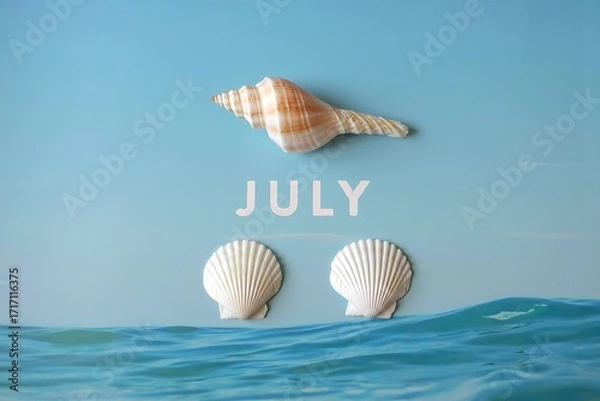 Fototapeta July seashells and ocean waves on a blue background