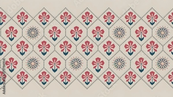 Fototapeta Chevron Knitting Pattern with Blossoms and Suns