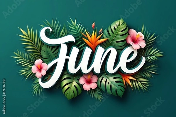 Fototapeta June text surrounded by lush tropical foliage and flowers
