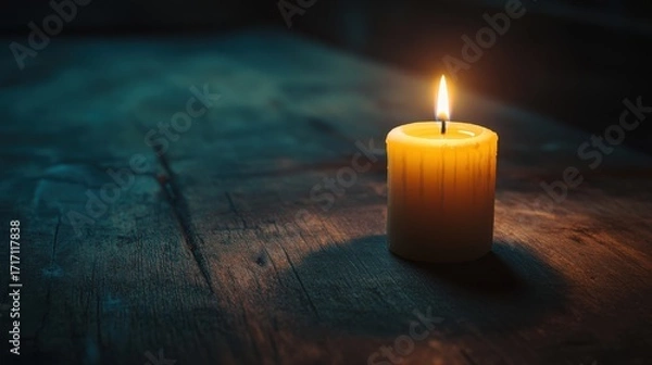 Obraz Soft glow of a yellow candle illuminates a rustic wooden table at night