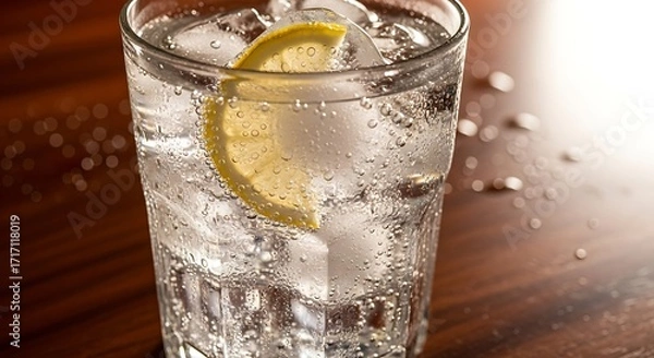 Obraz Sparkling water with ice and lemon slice, a refreshing drink on a wooden surface.