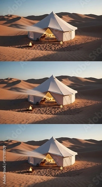 Obraz A luxurious desert safari tent, bathed in warm, ambient light, stands in the midst of gentle sand dunes.