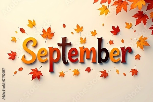 Fototapeta September text with falling autumn leaves and warm colors